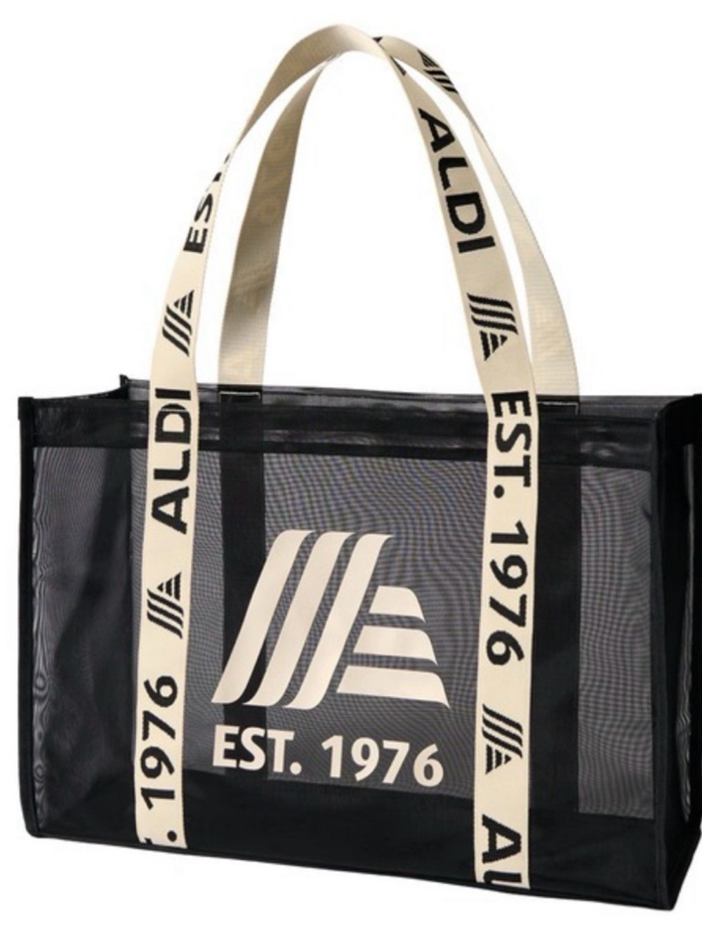 Aldi Black Mesh Tote Bag with Cream Logo Straps